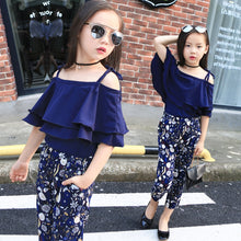 Load image into Gallery viewer, Fashion butterfly  lace dew shoulder t-shirt Blouse + flower leggings Party Two Piece set dress