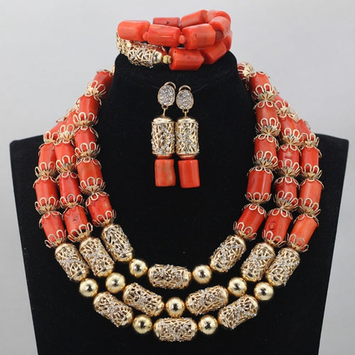 Luxurious African Orange Coral Beads Jewel Gold Accessories