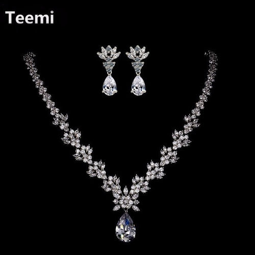 LUOTEEMI Style Arrive Fashion Pear Shape Crystal Zircon Wedding Jewelry Sets for Brides Luxury Bridal Necklace and Earrings Sets