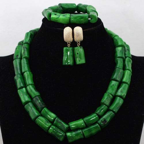 Romantic 2 Rolls Green Nigerian Bridal Coral Beads Necklace Earrings Bracelet Set African Party Coral Necklace Free Ship QW696