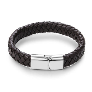 Black/Brown Braided Leather Bracelet Stainless Steel Magnetic