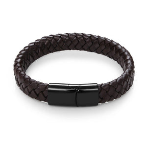 Black/Brown Braided Leather Bracelet Stainless Steel Magnetic