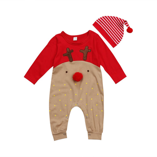 Super Cute Babies 2 PCS XMAS Romper Clothing Set Newborn Baby Boy Girl Christmas Rompers Striped Hats Jumpsuit Outfits Clothes