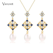 Load image into Gallery viewer, Vercret 18k gold freshwater pearl necklace earrings set 925 sterling silver flower pearl jewelry set 9mm women&#39;s gift