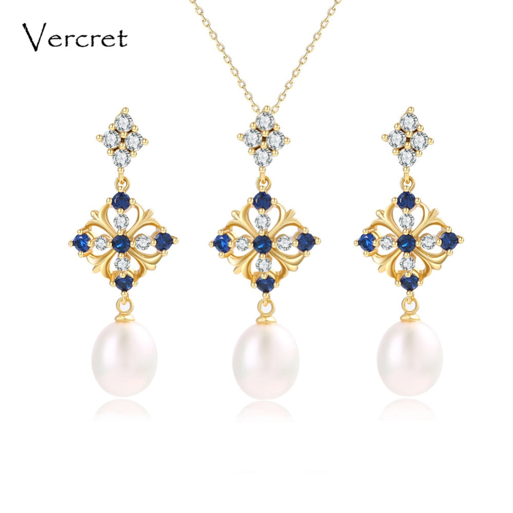 Vercret 18k gold freshwater pearl necklace earrings set 925 sterling silver flower pearl jewelry set 9mm women's gift