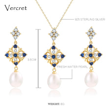 Load image into Gallery viewer, Vercret 18k gold freshwater pearl necklace earrings set 925 sterling silver flower pearl jewelry set 9mm women&#39;s gift