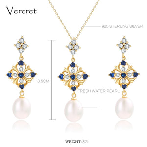 Vercret 18k gold freshwater pearl necklace earrings set 925 sterling silver flower pearl jewelry set 9mm women's gift