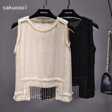 Load image into Gallery viewer, Cakucool Women Beading Blouse Shirt Sleeveless Summer Chiffon Tops Pearl Tassels Cute Sexy Girls Blusas Top Shirts