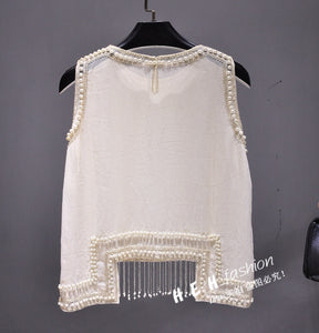 Cakucool Women Beading Blouse Shirt Sleeveless Summer Chiffon Tops Pearl Tassels Cute Sexy Girls Blusas Top Shirts