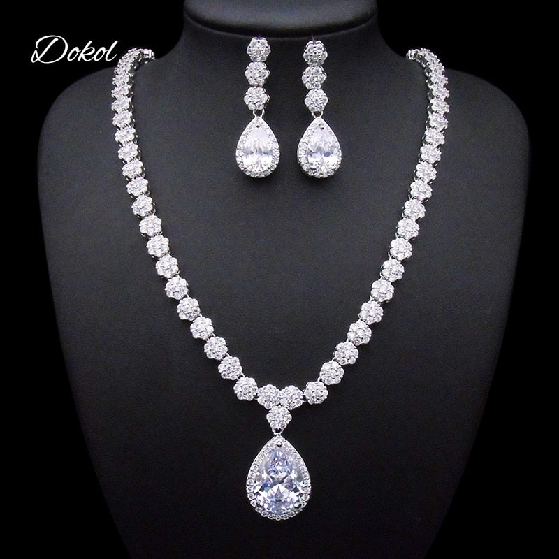 DOKOL Round & Pear Cut Zircon Bridal Jewelry Sets Big AAA+ CZ Stone Elegant Wedding Necklace Earrings Sets for Women DKS0059