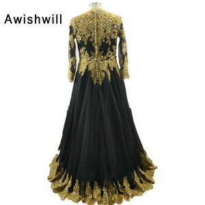 Vestidos de Festa Modest Arabic Evening Gowns Long Sleeve Beaded Gold Lace A-line Muslim Formal Evening Dress Pageant Party Gown