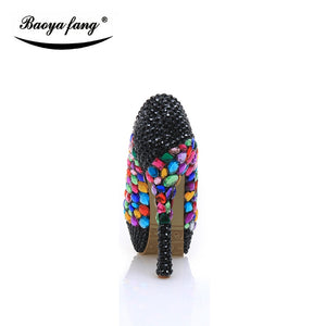 Luxury Black small crystal Wedding shoes 2017 New women shoes party shoes Bridal platform shoes big Multicolor women high heels