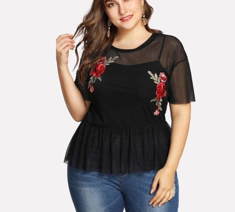 SHEIN Plus Size Summer Black Blouse Women Sexy Floral Round Neck Short Sleeve