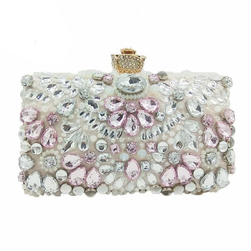 Clear & Pink Crystal Rhinestones Women Purse Flower Prom Clutch