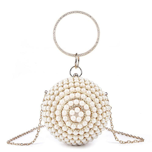 Luxury Women Pearl Beading Evening Bag Round Diamond Bridal Wedding Party