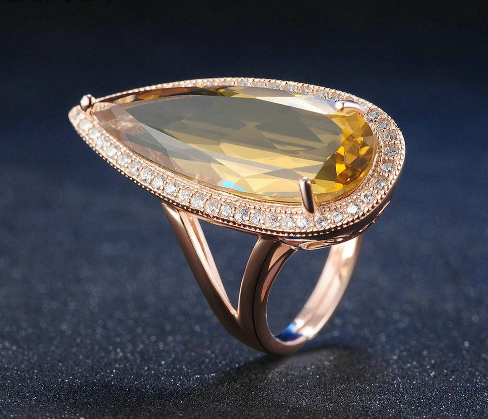 LAMOON Luxury Gemstone Natural TearDrop Citrine 925 Sterling Silver Cocktail Ring