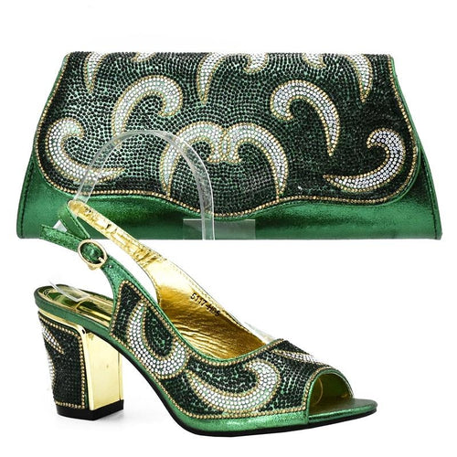 New Green Color Italian Shoes with Matching Bags with Rhinestone.