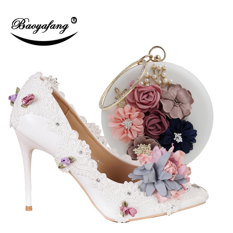 BaoYaFang New Pointed Toe Women Wedding shoes with matching bags Bride High shoes Thin heel Ladies Pumps and purse set