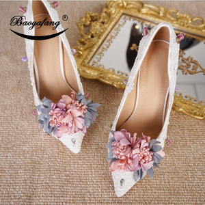 BaoYaFang New Pointed Toe Women Wedding shoes with matching bags Bride High shoes Thin heel Ladies Pumps and purse set