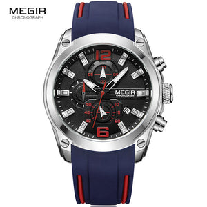 Megir Men's Chronograph Analog Quartz Watch with Date, Luminous Hands, Waterproof Silicone Rubber Strap Wristswatch for Man