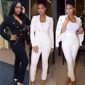 Plus size Uniform Style Elegant 2 piece long Pant Suit with jacket 2018 Casual Office ol Set sexy v-neck black white Trouser Set