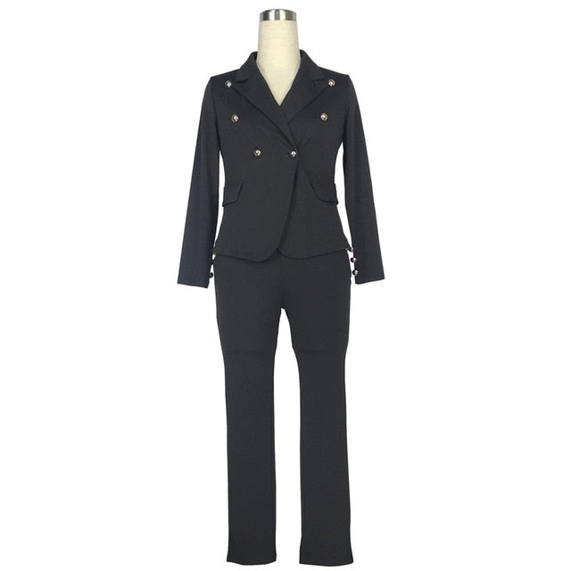 Plus size Uniform Style Elegant 2 piece long Pant Suit with jacket 2018 Casual Office ol Set sexy v-neck black white Trouser Set