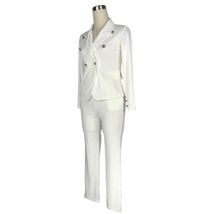 Plus size Uniform Style Elegant 2 piece long Pant Suit with jacket 2018 Casual Office ol Set sexy v-neck black white Trouser Set