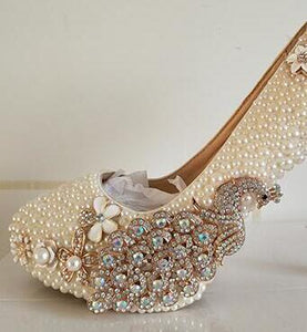 Crystal wedding shoes pearl handmade bridal shoes women's Pumps peacock rhinestone female high heels