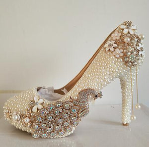 Crystal wedding shoes pearl handmade bridal shoes women's Pumps peacock rhinestone female high heels