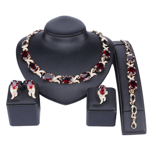 OUHE Wedding Gold Color Red Crystal Trendy Necklace Jewelry Sets Party Women African Beads Bridal Necklace Earrings Accessories