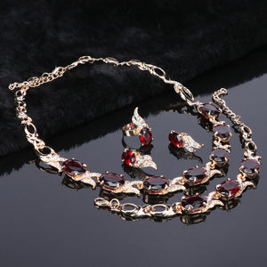 OUHE Wedding Gold Color Red Crystal Trendy Necklace Jewelry Sets Party Women African Beads Bridal Necklace Earrings Accessories