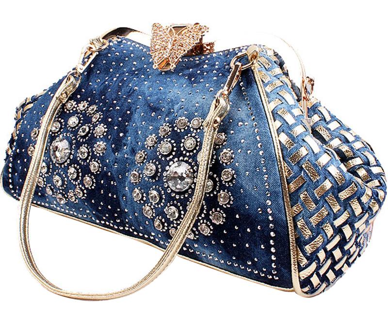 Chic Denim Fireworks Rhinestones Women Handbag Top Handle Butterfly Decoration Patchwork Ladies Shoulder Bag Clutch