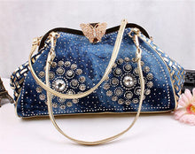 Load image into Gallery viewer, Chic Denim Fireworks Rhinestones Women Handbag Top Handle Butterfly Decoration Patchwork Ladies Shoulder Bag Clutch