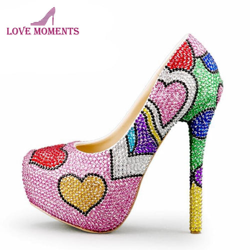 Fashion Handmade Colorful Rhinestone Wedding Shoes Banquet Evening Party Pumps Multicolor Crystal Bridal Shoes Heart Shape