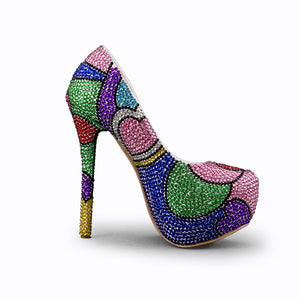 Fashion Handmade Colorful Rhinestone Wedding Shoes Banquet Evening Party Pumps Multicolor Crystal Bridal Shoes Heart Shape