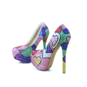 Fashion Handmade Colorful Rhinestone Wedding Shoes Banquet Evening Party Pumps Multicolor Crystal Bridal Shoes Heart Shape