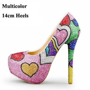 Fashion Handmade Colorful Rhinestone Wedding Shoes Banquet Evening Party Pumps Multicolor Crystal Bridal Shoes Heart Shape