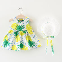 Load image into Gallery viewer, Pineapple printed Flower Dresses + Bows Sun Hats baby girl clothes Newborn Outfits