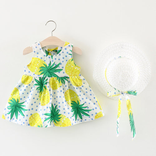 Pineapple printed Flower Dresses + Bows Sun Hats baby girl clothes Newborn Outfits