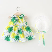 Load image into Gallery viewer, Pineapple printed Flower Dresses + Bows Sun Hats baby girl clothes Newborn Outfits