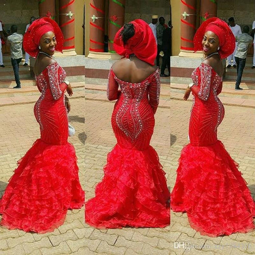 Stunning Crystal Beading Dress Latest Aso-Ebi-Styles Tiered Train Mermaid Formal Dress Long Sleeves Nigerian Gowns