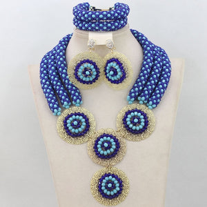 Fashion Teal Green African Beads Party Necklace Set Champagne Gold Nigerian Wedding