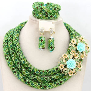 Fashion Teal Green African Beads Party Necklace Set Champagne Gold Nigerian Wedding