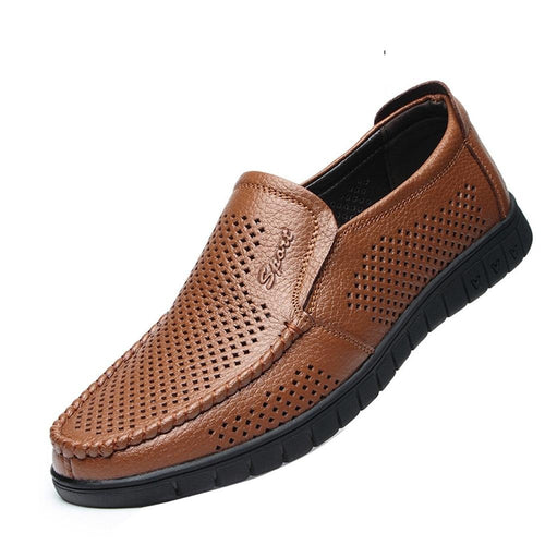 Gaorui Lether Casual Men Shoes Hollow Out Breathable Male Flates Slip On Loufers
