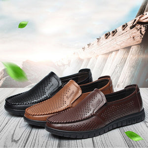 Gaorui Lether Casual Men Shoes Hollow Out Breathable Male Flates Slip On Loufers