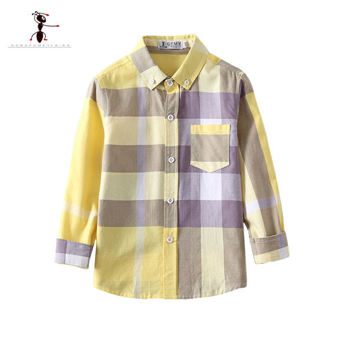 Cotton Long Sleeve Turn-down Collar Yellow Plaid Children