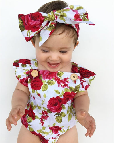 2017 Floral Newborn Baby Girl Clothes Ruffles Sleeve Bodysuit +Headband 2pcs