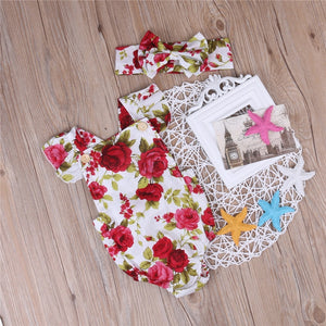 2017 Floral Newborn Baby Girl Clothes Ruffles Sleeve Bodysuit +Headband 2pcs