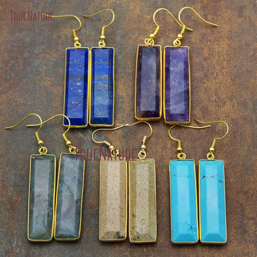 Jaspers Rectangular Boho Earring Gold Electroplated Long Bar Amethysts Turquoises Drop Earrings Women Jewelry 43*12 MM PM9218