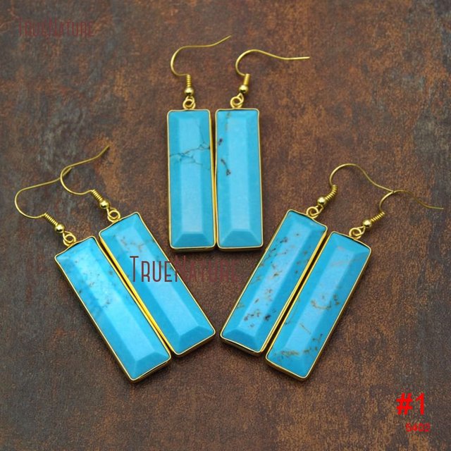 Jaspers Rectangular Boho Earring Gold Electroplated Long Bar Amethysts Turquoises Drop Earrings Women Jewelry 43*12 MM PM9218